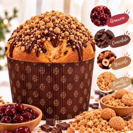 Panettone con amarena, cioccolato, nocciola e granella di amaretto